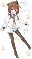 Rule 34 | 10s, 1girl, 2015, :d, alternate costume, anchor, black pantyhose, brown eyes, brown hair, cosplay, dated, dress, folded ponytail, gurande (g-size), hat, highres, inazuma (kancolle), kantai collection, long sleeves, open mouth, pantyhose, ponytail, sailor collar, sailor dress, simple background, smile, solo, tokitsukaze (kancolle), tokitsukaze (kancolle) (cosplay), white background