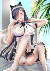 Rule 34 | 1girl, august von parseval (azur lane), august von parseval (the conquered unhulde) (azur lane), azur lane, bad id, bad pixiv id, blush, bow, bowtie, breasts, dress, horns, large breasts, long hair, looking at viewer, official alternate costume, open mouth, panties, pantyshot, purple eyes, purple hair, sitting, solo, thighhighs, underwear, white dress, white panties, white thighhighs, yoru (77957792)