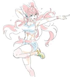 Rule 34 | 1girl, abs, breasts, character request, cleavage, copyright request, flying sweatdrops, groin, hanakuso, large breasts, long hair, midriff, pink hair, pointing, pointing to the side, shoes, simple background, sketch, sneakers, solo, standing, standing on one leg, thighs, white background