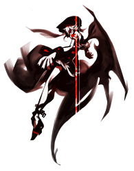 Rule 34 | 1girl, abstract, alternate costume, bad id, bad pixiv id, bare shoulders, bat wings, black nails, chain, from side, full body, highres, hood, kiku (kicdoc), looking at viewer, monochrome, nail polish, red eyes, red theme, remilia scarlet, simple background, solo, touhou, white background, wings, wristband