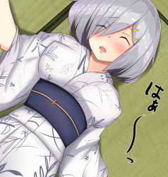 Rule 34 | 10s, adapted costume, alternate costume, aono (f i s), breasts, commentary request, drunk, eyebrows, closed eyes, eyes visible through hair, hair ornament, hair over one eye, hairclip, hamakaze (kancolle), highres, japanese clothes, kantai collection, kimono, large breasts, obi, sash, short hair, silver hair, solo, tatami, yukata