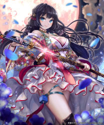 Rule 34 | 1girl, black hair, blue eyes, boots, bracelet, braid, breasts, cleavage, closed mouth, cloud, cloudy sky, drawing sword, dress, flower, hair ornament, highres, holding, holding sword, holding weapon, jewelry, katana, long hair, lots of jewelry, moon, necklace, night, night sky, original, outdoors, petals, pisuke, red moon, sheath, shingoku no valhalla gate, sky, smile, solo, star (sky), star (symbol), starry sky, sword, thigh boots, thigh strap, thighhighs, unsheathing, weapon