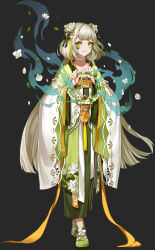 Rule 34 | 1girl, black background, blunt bangs, chinese clothes, closed mouth, double bun, floral print, flower, full body, green eyes, green footwear, green hair, grey background, hair bun, hair flower, hair ornament, hanfu, highres, long hair, long sleeves, looking at viewer, mi li mee, original, qixiong ruqun, ribbon, ruqun, sash, shoes, simple background, smile, solo, standing, tassel, very long hair, white flower, white hair, wide sleeves