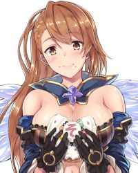 Rule 34 | 10s, 1girl, bare shoulders, beatrix (granblue fantasy), blush, breasts, brown hair, cleavage, doughnut, eating, food, food on face, gloves, granblue fantasy, holding, holding food, long hair, saemon (tonpura), solo