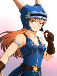 Rule 34 | 1girl, absurdres, armor, blue armor, breasts, brown eyes, brown gloves, brown hair, cleavage, closed mouth, daisy (dq), dragon quest, dragon quest yuusha abel densetsu, fake horns, gloves, helmet, highres, horned helmet, horns, long hair, looking at viewer, onimaru gonpei, simple background, smile, solo