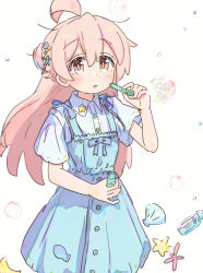 Rule 34 | 1girl, :o, ahoge, bare arms, blue dress, brown eyes, buttons, commentary, dot nose, dress, hair between eyes, hair ornament, highres, long hair, looking at viewer, onii-chan wa oshimai!, open mouth, oyama mahiro, pinafore dress, pink hair, shirt, short sleeves, simple background, sleeveless, sleeveless dress, soap bubbles, solo, tetesudeesu, white background, white shirt, wing collar