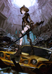 Rule 34 | 1girl, animal ears, asymmetrical legwear, black gloves, black ribbon, black thighhighs, blurry, blurry foreground, blush, boots, bracelet, breasts, brown eyes, brown hair, car, chainsword, cleavage, cleavage cutout, closed mouth, clothing cutout, commentary request, day, gloves, high collar, high heel boots, high heels, highres, holding, holding weapon, jewelry, knee guards, long sleeves, looking at viewer, mismatched legwear, motor vehicle, muscle car, navel, original, ribbon, rubble, ruins, scenery, short hair, short shorts, shorts, single glove, small breasts, solo, standing, takenoko (531), thigh strap, thighhighs, weapon