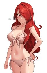Rule 34 | 1girl, absurdres, alternate costume, bare arms, bikini, blush, breasts, commentary, embarrassed, english commentary, front-tie bikini top, front-tie top, hair over one eye, highres, kirijou mitsuru, long hair, medium breasts, navel, persona, persona 3, red eyes, red hair, side-tie bikini bottom, simple background, solo, stomach, swimsuit, thighs, wavy hair, x xith x