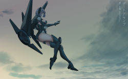 Rule 34 | 1girl, 824314, absurdres, armor, armored boots, ass, blue eyes, boots, breasts, character name, cloud, cloudy sky, copyright name, date a live, evening, flying, from side, full body, gloves, headgear, highres, legs together, leotard, looking at viewer, mechanical wings, medium breasts, outdoors, short hair, silver hair, sky, solo, thigh boots, thighhighs, thighs, tobiichi origami, wings