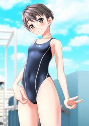 Rule 34 | 1girl, absurdres, black hair, black one-piece swimsuit, blue sky, blurry, blurry background, breasts, brown eyes, cameltoe, clothes writing, cloud, commentary request, competition swimsuit, covered navel, cowboy shot, grin, highleg, highleg swimsuit, highres, one-piece swimsuit, original, short hair, sky, small breasts, smile, solo, striped clothes, striped one-piece swimsuit, swimsuit, takafumi, v