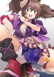 Rule 34 | 1girl, absurdres, animal ears, bare shoulders, breasts, brown footwear, brown hair, chest sarashi, commentary request, fagrp12, fang, fox mask, green eyes, grey background, hair between eyes, highres, horse ears, horse girl, horse tail, inari one (umamusume), japanese clothes, kimono, large breasts, looking at viewer, mask, medium hair, open mouth, purple kimono, sarashi, scrunchie, simple background, skin fang, smile, solo, squatting, tail, twintails, umamusume, wrist scrunchie