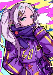 Rule 34 | 1girl, absurdres, badge, breath, button badge, character name, clothes writing, contemporary, frieren, green eyes, grey hair, hand in pocket, highres, jacket, karan koron100, kendama, looking at viewer, open mouth, parted bangs, pointy ears, purple jacket, purple scarf, scarf, sleeves past wrists, solo, sousou no frieren, twintails, zipper