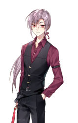 Rule 34 | 1boy, arm belt, belt, black pants, black vest, closed mouth, collared shirt, cowboy shot, hand in pocket, kangetsu (fhalei), long hair, long sleeves, looking at viewer, male focus, original, pants, pink hair, ponytail, popped collar, red eyes, red shirt, shirt, simple background, smile, solo, standing, vest, watermark, web address, white background, wing collar