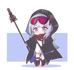 Rule 34 | 1girl, ankleband, arknights, black cloak, black footwear, blue background, blue eyes, blush, boots, cloak, full body, goggles, goggles on head, grey hair, holding, holding staff, hood, hood up, hooded cloak, kurotofu, looking at viewer, mulberry (arknights), shirt, simple background, solo, staff, thick eyebrows, two-tone background, white background, white shirt