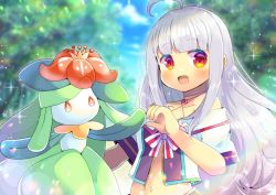 Rule 34 | 1girl, :d, ahoge, bare shoulders, blurry, blurry background, blush, bow, breasts, creatures (company), crossover, crown, day, depth of field, flower, game freak, gen 5 pokemon, haruyama himari, indie virtual youtuber, kou hiyoyo, lilligant, long hair, looking at viewer, mini crown, navel, nintendo, off-shoulder shirt, off shoulder, open mouth, outdoors, pokemon, pokemon (creature), red eyes, red flower, shirt, short sleeves, silver hair, small breasts, smile, striped, striped bow, tree, upper body, very long hair, virtual youtuber, white shirt