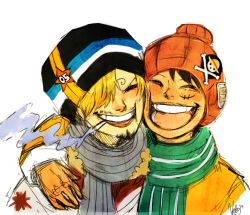 Rule 34 | 2boys, beanie, blonde hair, cigarette, gloves, hair over one eye, hat, jolly roger, knit cap, male focus, monkey d. luffy, multiple boys, one piece, patch, sanji (one piece), scarf, smile, smoking, striped clothes, striped scarf, winter clothes