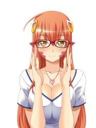 Rule 34 | 1girl, absurdres, adjusting eyewear, bespectacled, breasts squeezed together, breasts, cleavage, closed mouth, collarbone, glasses, hair between eyes, hair ornament, hairclip, highres, jewelry, large breasts, long hair, looking at viewer, miia (monster musume), monster girl, monster musume no iru nichijou, necklace, official art, okayado, pointy ears, red hair, scales, shirt, short sleeves, simple background, slit pupils, smile, solo, upper body, white background, white shirt, yellow eyes
