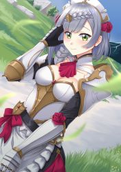 Rule 34 | 1girl, armor, ascot, blush, braid, braided bangs, breasts, cleavage, closed mouth, commentary request, cowboy shot, flower, genshin impact, green eyes, hair flower, hair ornament, hand up, highres, looking at viewer, maid, maid headdress, medium breasts, noelle (genshin impact), red ascot, rose, sano souichi, short hair, smile, solo