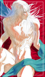 Rule 34 | 1boy, bed sheet, blanket, blue eyes, blush, closed mouth, devil may cry (series), devil may cry 5, highres, long hair, lykke, male focus, male pubic hair, navel, nero (devil may cry), nude, pubic hair, sketch, solo, white hair