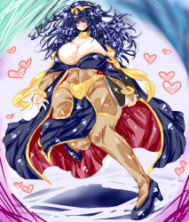 Rule 34 | 1girl, axel zero, bad id, bad pixiv id, black footwear, black hair, blue eyes, blush, bodysuit, breasts, cape, cleavage, detached collar, fire emblem, fire emblem awakening, heart, high heels, highres, huge breasts, jewelry, loincloth, lots of jewelry, messy hair, nintendo, pigeon-toed, shoes, solo, tharja (fire emblem), thick thighs, thighs, two side up, wide hips