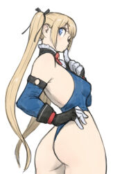 Rule 34 | 1girl, ass, blonde hair, blue eyes, breasts, dead or alive, elbow gloves, gloves, hand on own hip, highres, long hair, long sleeves, looking at viewer, marie rose, medium breasts, open mouth, sidelocks, simple background, solo, standing, toshinoshin, twintails, white background