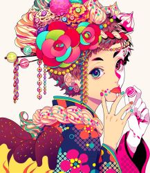 Rule 34 | 1girl, akiakane, brown hair, colorful, earrings, floral print, flower, food, from side, green eyes, grey background, hair flower, hair ornament, hairpin, hands up, ice cream, jewelry, long sleeves, looking at viewer, looking to the side, multicolored hair, multicolored nails, nail polish, obi, original, psychedelic, red eyes, sash, simple background, solo, tomboy, tongue, tongue out