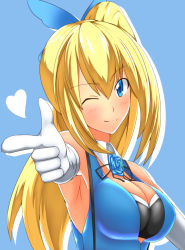 Rule 34 | 1girl, armpits, bare shoulders, blonde hair, blue background, blue bow, blue eyes, blue flower, blue rose, blush, bow, breasts, cleavage, closed mouth, detached collar, female focus, flower, gloves, gradient background, hair between eyes, hair bow, happy, head tilt, heart, highres, index finger raised, large breasts, lettucerice, long hair, mirai akari, mirai akari project, one eye closed, pointing, rose, side ponytail, simple background, smile, solo, upper body, virtual youtuber, wink
