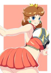 Rule 34 | 1girl, ass, blue eyes, bouncing breasts, breasts, brown hair, cheerleader, crown, earrings, flower earrings, from behind, grin, highres, huge breasts, jewelry, looking at viewer, mario (series), midriff, nintendo, outstretched arms, princess daisy, senak012, short hair, skirt, smile, super mario bros. 1, super mario land, thighs, tomboy