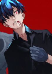 Rule 34 | 1boy, black hair, black shirt, blood, blood in mouth, blood on face, blue eyes, commentary request, gloves, grey gloves, hair between eyes, hair over one eye, hand on own chest, heterochromia, highres, kagune (tokyo ghoul), looking at viewer, male focus, manly, one eye covered, open mouth, out of frame, red background, red eyes, shirt, short hair, short sleeves, solo, teeth, tokyo ghoul, upper body, urie kuki, yoshio (55level)