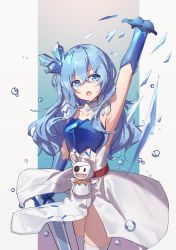 Rule 34 | 1girl, absurdres, arm up, armor, armpits, blue eyes, blue gloves, blue hair, breastplate, commentary request, crystal, date a live, dress, elbow gloves, gloves, hair between eyes, hand puppet, highres, holding, holding sword, holding weapon, ice, long hair, mo (pixiv9929995), open mouth, puppet, sword, thighhighs, very long hair, weapon, white dress, white thighhighs, yoshino (date a live), yoshinon
