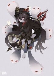 Rule 34 | 1girl, black hat, black shorts, brown hair, coattails, collared coat, flower, flower-shaped pupils, genshin impact, ghost, hair between eyes, hat, hat flower, hat tassel, highres, hu tao (genshin impact), jewelry, long hair, long sleeves, looking at viewer, multiple rings, nechrisss, original, plum blossoms, porkpie hat, red eyes, ring, shorts, solo, staff of homa (genshin impact), symbol-shaped pupils, tailcoat, twintails