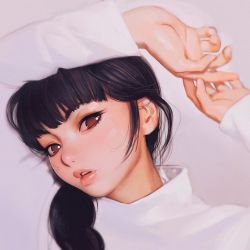 Rule 34 | 1girl, animated, animated gif, arms up, black hair, blunt bangs, braid, brown eyes, eyelashes, hair over shoulder, head tilt, ilya kuvshinov, lipgloss, lips, long hair, long sleeves, looking at viewer, making-of, no pupils, original, own hands together, palms, parted lips, portrait, single braid, solo, sweater, teeth, turtleneck, unfinished, upper body
