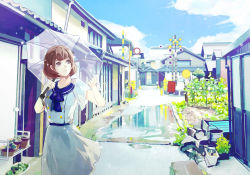 Rule 34 | 1girl, blue bow, blue sailor collar, blue sky, bow, brown eyes, brown hair, bucket, closed mouth, cloud, commentary request, day, door, dress, hands up, hiro chikyuujin, holding, holding umbrella, house, looking away, looking to the side, original, outdoors, puddle, railroad crossing, sailor collar, sailor dress, short sleeves, sky, solo, transparent, transparent umbrella, umbrella, water, white dress