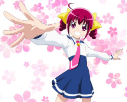 Rule 34 | 10s, 1girl, bow, eyelashes, floral background, flower, grin, hair bow, hoshizora miyuki, necktie, outstretched arms, pink eyes, pink hair, pink necktie, precure, school uniform, short hair, short twintails, smile, smile (rz), smile precure!, solo, spread arms, twintails, white background