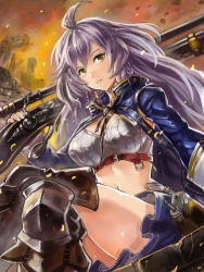 Rule 34 | 10s, 1girl, armor, belt, blue jacket, blue skirt, bustier, dutch angle, edobox, gradient background, granblue fantasy, greaves, gun, jacket, long hair, looking at viewer, navel, over shoulder, rifle, silva (granblue fantasy), silver hair, sitting, skirt, solo, weapon, weapon over shoulder, yellow eyes