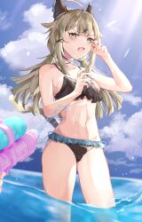 Rule 34 | 1girl, 1other, absurdres, ahoge, animal ears, bare arms, bare shoulders, bikini, black bikini, blue sky, cat ears, cloud, commentary request, cowboy shot, day, genshin impact, green eyes, grey hair, haneshuu rie, highres, kirara (genshin impact), long hair, looking at viewer, navel, open mouth, sky, solo focus, standing, stomach, swimsuit, thighs, wading, water, water gun