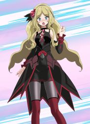 Rule 34 | 1girl, :o, black skirt, black sleeves, blonde hair, blue eyes, blush, bow, breasts, caitlin (fall 2021) (pokemon), caitlin (pokemon), cleavage, collarbone, creatures (company), detached sleeves, floating hair, game freak, grey hairband, hairband, highres, long hair, long sleeves, looking at viewer, medium breasts, miniskirt, multicolored sleeves, nail polish, nintendo, open mouth, pantyhose, parted bangs, pencil skirt, pokemon, pokemon masters ex, red bow, red nails, red sleeves, skirt, solo, standing, thighhighs, tsukishiro saika, very long hair