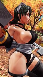Rule 34 | 1girl, 3d, ass, black hair, black leotard, blue sky, breasts, butterfly swords, curvy, forest, highleg, highleg leotard, highres, holding, holding weapon, huge ass, iroha (samurai spirits), large breasts, leotard, lips, looking to the side, maid, maid headdress, nature, revealing clothes, ryona, samurai spirits, screencap, shiny skin, short hair, sky, smile, snk, solo, third-party edit, thong leotard, tree, weapon, wide hips