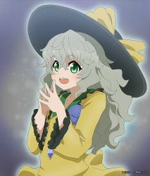 Rule 34 | 1girl, 2021, :d, green eyes, hair between eyes, hands up, hat, highres, kaisendonburi, komeiji koishi, light green hair, long hair, open mouth, outer glow, shirt, simple background, smile, solo, steepled fingers, teeth, third eye, touhou, upper body, upper teeth only, yellow shirt