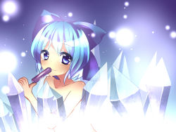 Rule 34 | 1girl, bad id, bad pixiv id, blue eyes, blue hair, bow, cirno, female focus, food, hair bow, ice, imokototaisi, matching hair/eyes, nude, popsicle, short hair, solo, embodiment of scarlet devil, touhou