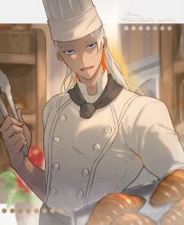 Rule 34 | 1boy, bakery, blue eyes, croissant, dark-skinned male, dark skin, food, guilty gear, guilty gear xrd, hat, holding, holding tongs, long hair, looking at viewer, male focus, shirt, shop, smile, solo, tongs, tray, venom (guilty gear), white hair, white hat, white shirt, youmicitrustea