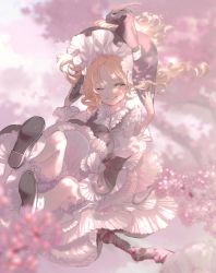 Rule 34 | 1girl, ;d, blonde hair, bloomers, blurry, bow, broom, broom riding, frills, grin, hat, highres, kirisame marisa, long hair, looking at viewer, maitenn03, one eye closed, open mouth, shoes, skirt, smile, solo, touhou, underwear, white legwear, witch hat, yellow eyes