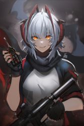 Rule 34 | 1girl, ahoge, antenna hair, arknights, black gloves, black jacket, black scarf, breasts, closed mouth, commentary, controller, demon horns, detonator, distr, english commentary, fingerless gloves, gloves, grenade launcher, grey shirt, grin, gun, highres, holding, holding gun, holding remote control, holding weapon, horns, jacket, looking at viewer, medium breasts, multicolored hair, nail polish, open clothes, open jacket, orange eyes, red hair, red nails, remote control, scarf, shirt, short hair, signature, silver hair, smile, smoke, solo, streaked hair, two-tone hair, upper body, w (arknights), weapon