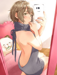 Rule 34 | 1girl, aran sweater, ass, backless dress, backless outfit, bare back, blush, brown eyes, brown hair, butt crack, cable knit, cellphone, dress, fish, grey sweater, highres, looking at viewer, meme attire, mirror, mole, mole on body, naked sweater, original, phone, selfie, short hair, smartphone, solo, stuffed animal, stuffed toy, sweater, sweater dress, tsukana (saba mizore), turtleneck, turtleneck sweater, virgin killer sweater