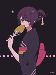 Rule 34 | 1girl, blush stickers, from side, hair bun, hair ornament, hair stick, hand fan, highres, holding, holding fan, japanese clothes, kimono, looking at viewer, maco22, obi, original, paper fan, pink eyes, purple hair, sash, smile, solo, uchiwa