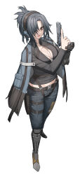Rule 34 | 1girl, absurdres, angelia (girls&#039; frontline), belt, black footwear, black shirt, blue cloak, blue pants, boots, breasts, brown eyes, cheogtanbyeong, cleavage, cloak, commission, dog tags, ear protection, from above, full body, girls&#039; frontline, gun, hair over one eye, handgun, hands up, highres, holding, holding weapon, long sleeves, looking at viewer, mechanical arms, mechanical legs, medium hair, midriff, open mouth, pants, pl-15 lebedev, ponytail, scar, scar on face, shirt, single mechanical arm, single mechanical leg, solo, standing, trigger discipline, weapon