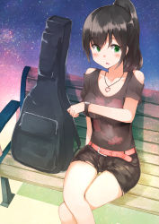 Rule 34 | 1girl, artist request, bad id, bad pixiv id, bare legs, bare shoulders, belt, belt buckle, bench, black hair, black shirt, black shorts, blush, buckle, clothing cutout, collarbone, crossed legs, green eyes, guitar case, heart, heart necklace, highres, instrument case, jewelry, necklace, night, night sky, okomeito, original, park bench, pendant, ponytail, shirt, short hair, short shorts, short sleeves, shorts, shoulder cutout, sitting, sky, solo, star (sky), starry sky, thigh gap, watch, wristwatch