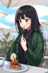 Rule 34 | 1girl, :t, absurdres, black hair, black sweater, blue sky, blurry, blurry background, blush, building, chair, cloud, commentary request, cup, day, eating, food, fork, fruit, green jacket, highres, holding, holding fork, holding knife, inoue takina, jacket, jewelry, knife, long hair, long sleeves, lycoris recoil, necklace, open clothes, open jacket, outdoors, parasol, pastry, plant, plate, potted plant, purple eyes, sky, solo, strawberry, sweater, table, table knife, teacup, turtleneck, turtleneck sweater, umbrella, yu sa1126
