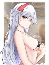 Rule 34 | 1girl, :o, ahoge, alternate costume, arena of valor, artist name, ass, back, bare arms, bare shoulders, bikini, bikini top only, black bikini, black bra, black choker, black hairband, blurry, blurry background, blush, border, bra, breasts, brown eyes, choker, cleavage, closed mouth, collarbone, covered erect nipples, dated, depth of field, eyelashes, from behind, from side, grey hair, hair between eyes, hair ornament, hairband, halterneck, hand up, highres, holding, horns, indoors, jewelry, lips, long hair, looking at viewer, looking back, looking to the side, mangth07, medium breasts, micro bikini, multicolored hair, navel, open mouth, orange eyes, parted lips, profile, red bikini, red eyes, red hair, red hairband, ribbon, shiny skin, sideboob, sidelocks, signature, sinestrea (arena of valor), skindentation, smile, solo, solo focus, standing, stomach, strap gap, string bikini, sweat, swimsuit, twitter username, underboob, underwear, undressing, untied bikini, upper body, very long hair, white bikini, white border, white hair, window, yellow eyes