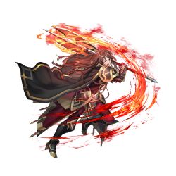 Rule 34 | 1girl, armor, attack, axe, battle axe, black cape, brown eyes, brown hair, cape, dai-xt, fingerless gloves, fire emblem, fire emblem: mystery of the emblem, fire emblem heroes, flaming weapon, gloves, holding, holding axe, holding shield, long hair, lunge, nintendo, official alternate costume, official art, open mouth, red cape, red gloves, sheena (fire emblem), sheena (resplendent) (fire emblem), shield, solo, v-shaped eyebrows, weapon